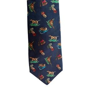 Alynn Neckwear Mens Navy Blue Silk Hunting Dog Pheasant Fishing Sporting Tie